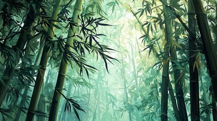 Sunlit Green Forest Misty Sunlight Through Tall Trees