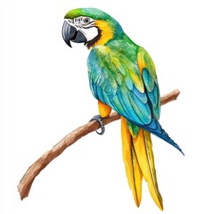 Fototapeta premium Colorful macaw perched on a branch, showcasing vibrant feathers against a white background