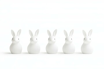 Obraz premium Row of five white rabbits are lined up on a white background