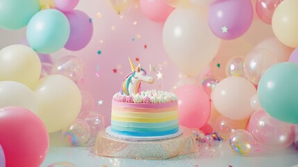 A magical unicorn birthday setup with a pastel backdrop, sparkles, a rainbow cake, and balloons, creating a whimsical, colorful celebration.