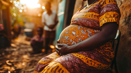 African Pregnant Woman in Traditional Attire, Sitting Outdoors in Tribal Village.