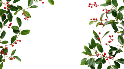Festive Red Berries and Green Leaves Frame on transparent background