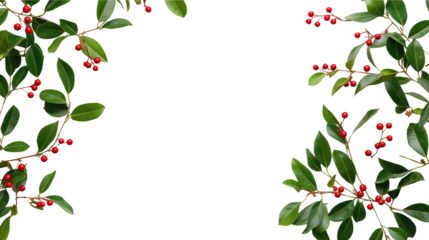 Festive Red Berries and Green Leaves Frame on transparent background