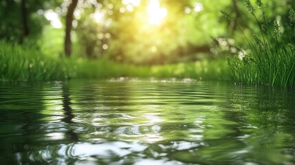 Sunlit Stream in Lush Green Forest Tranquil Nature Scene