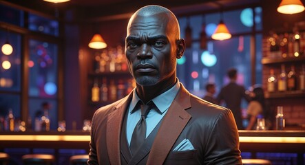 Mature black African man serious shaved head brown blazer on dimly lit jazz club background 3d illustration
