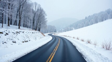 Winter Wonderland Road A Serpentine Asphalt Path Winding Through a Snowy Landscape of Leafless Trees