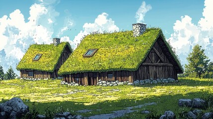 Obraz premium Sunny Day Village Scene Two Green Sod Roof Houses Grassy Field