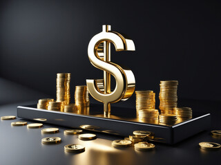 A high-quality 3D-rendered image of a large golden dollar sign surrounded by stacks of shiny gold coins on a reflective surface.