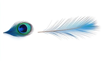 Fototapeta premium Vibrant peacock feather showcasing intricate patterns and vivid colors against a white background