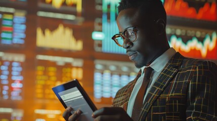 A man in his 30s, wearing a black suit, reviews financial transactions on his phone while sitting at a desk in a bright office with a city view.

