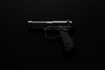 Black handgun is shown in a dark background