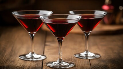 Fototapeta premium Three Dark Red Cocktails in Martini Glasses on Wooden Table