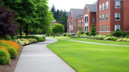 Serene University Campus Landscape with Lush Green Grass and Colorful Flower Beds on a Clear Day