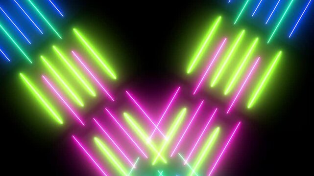 Abstract colorful neon background with glowing lights.  Motion video seamless animation loop . Vibrant abstract neon lights animated background featuring glowing lines.. 4k psychedelic hypnotic graphi
