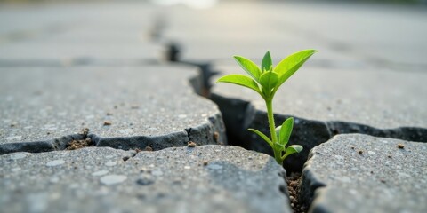 Resilience personified A small sprout bravely pushing through a cracked pavement, symbolizing strength, perseverance, and the enduring power of life to overcome adversity.