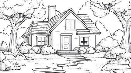 Obraz premium Suburban house drawing, leafy trees, stone path, coloring book page