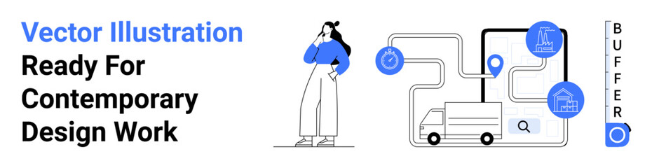 Woman thinking near logistics flowchart featuring delivery truck, location points, and routes. Ideal for transportation, shipping, navigation, planning, e-commerce, supply chains flat landing page