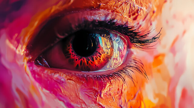 An extreme close-up shot of a painted human eye, emphasizing vibrant colors and texture, ideal for themes of art, emotion, or creativity,. Extreme Contrast Themes. Illustration