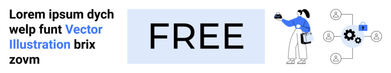 Large FREE text beside a person holding tools, managing settings with connected icons. Ideal for technology, business, marketing, teamwork, innovation, productivity, flat landing page banner