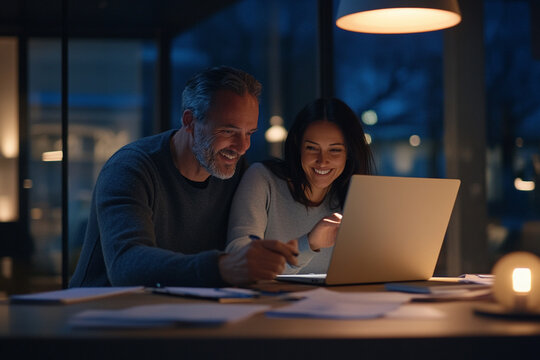 Happy couple working together on a laptop at night, discussing ideas and brainstorming in a cozy home office