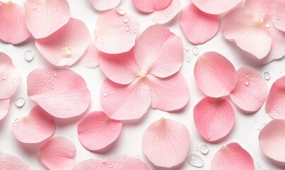 Pink rose petals on white background, water drops, beauty, spa, flat lay