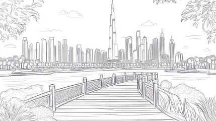 Dubai skyline sketch, boardwalk view, palm trees, boats