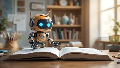 Cute Robot Exploring a Book in a Cozy Study