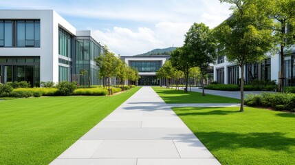 Modern architecture and serene landscape with walkways and greenery at contemporary office complex