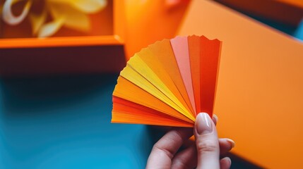A hand holding a color swatch next to a prototype packaging box.