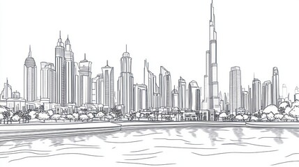 Obraz premium Dubai skyline sketch, waterfront view, urban landscape, city design