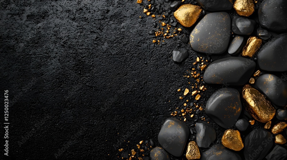 Poster moody reflection of golden pebbles and rocks on dark textured surface abstract natural background wi