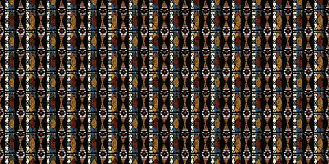 Abstract African art shapes seamless backgrounds, tribal geometric decoration patterns. Colored flat boho symbols illustrations	
