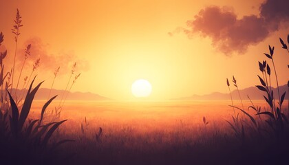 Obraz premium Serene Sunset Over Golden Meadow Landscape