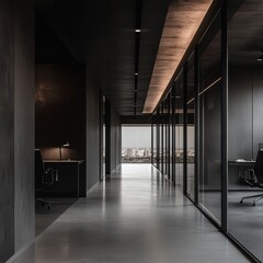 Fototapeta premium Modern Dark Office Hallway With City View