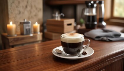 Fototapeta premium A warm and inviting cup of espresso topped with a layer of creamy foam on a wooden sideboard , espresso, foam