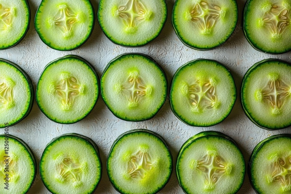 Poster close up of cucumber slices on light background