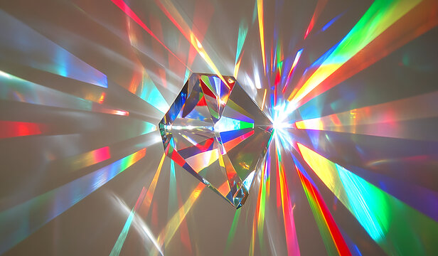 A close-up of the refraction and diffraction in an iridescent crystal, creating intricate patterns with light rays and rainbow colors. 