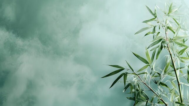 Peaceful bamboo grove in a misty atmospheric forest with lush green foliage and a tranquil serene ambiance promoting a sense of harmony balance and wellness