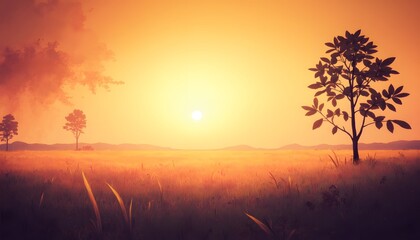 Fototapeta premium Serene Sunset Landscape: Golden Grassland and Silhouetted Trees