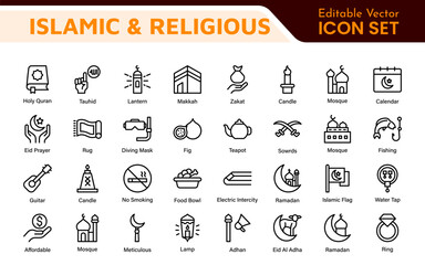 Islamic Icon Set. A beautifully crafted collection of icons reflecting Islamic culture and traditions, educational materials, apps, and websites, and Islamic community.