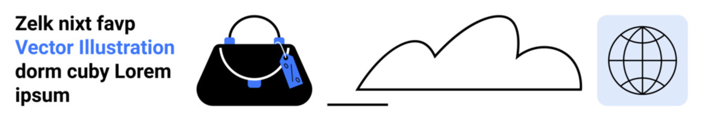 Contemporary handbag with tassels, abstract cloud shape, circular globe icon. Ideal for fashion, travel, technology, networking, global connectivity, cloud services flat landing page banner