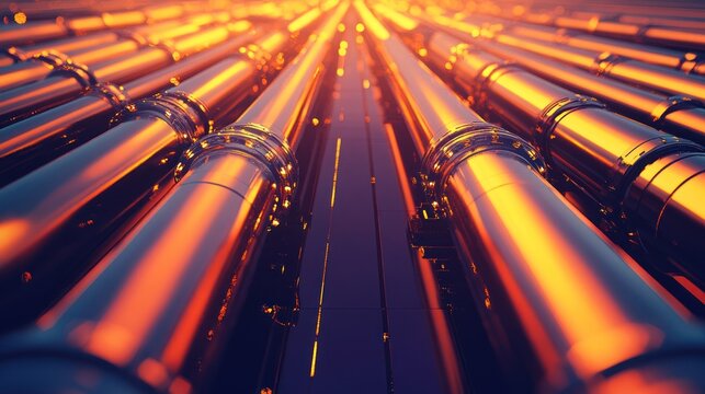 Sunset over gleaming metallic pipelines.
