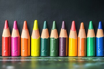 Colored Pencils Arranged in a Row on Dark Surface, Vibrant Hues, Close-up View, Creative Art Supplies, Colorful Drawing Tools