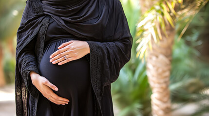 Expecting Arabian Woman in Abaya, Gently Standing in Peaceful Courtyard.