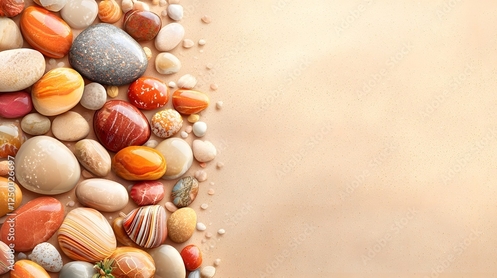 Poster assorted natural stones and seashells arranged in a minimal earthy composition on a soft sandy beach