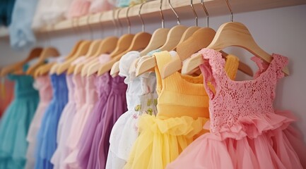 Colorful baby girl dresses on wooden hangers in a shop