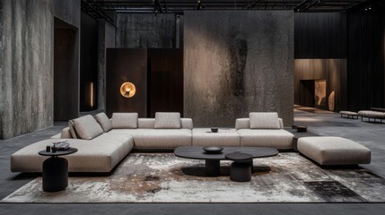 A minimalist modern living room with a large L-shaped sofa, subtle lighting, and an abstract rug. --chaos 20 --ar 16:9 --quality 2 --v 6.1 Job ID: 02ac7e78-f88a-49e8-afd9-1b716fb00948