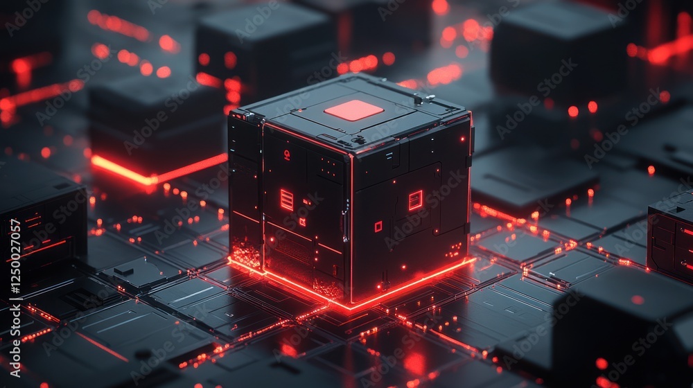 Poster red glowing cube on dark tech circuit board.