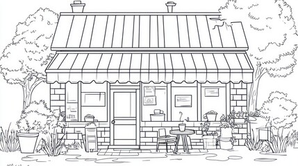 Obraz premium Charming storefront cafe, outdoor seating, trees. Ideal for website, menu, or brochure