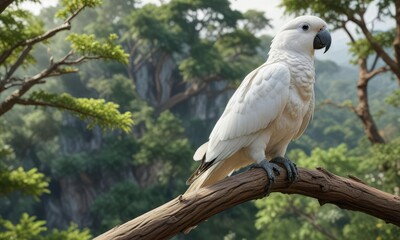 Fototapeta premium A wide-angle shot of a white parrot perched on a wooden branch high up in the trees, with a stunning landscape below , landscape, wildlife